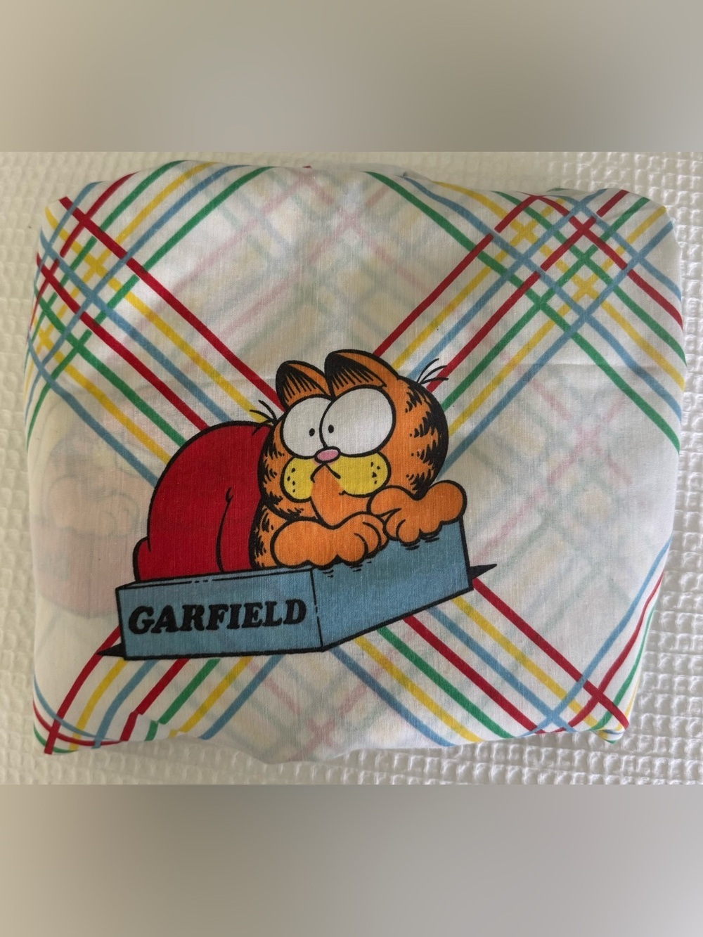 Vintage Garfield Full Flat Sheet 1978 Plaid Cartoon Bedding Retro Collectible